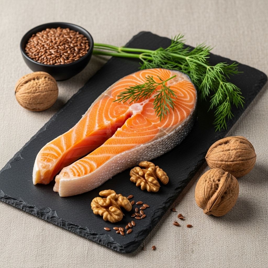 Wild salmon fillet with golden skin resting on a dark slate board alongside whole walnuts, fresh flaxseeds, and sprigs of dill on a natural linen background