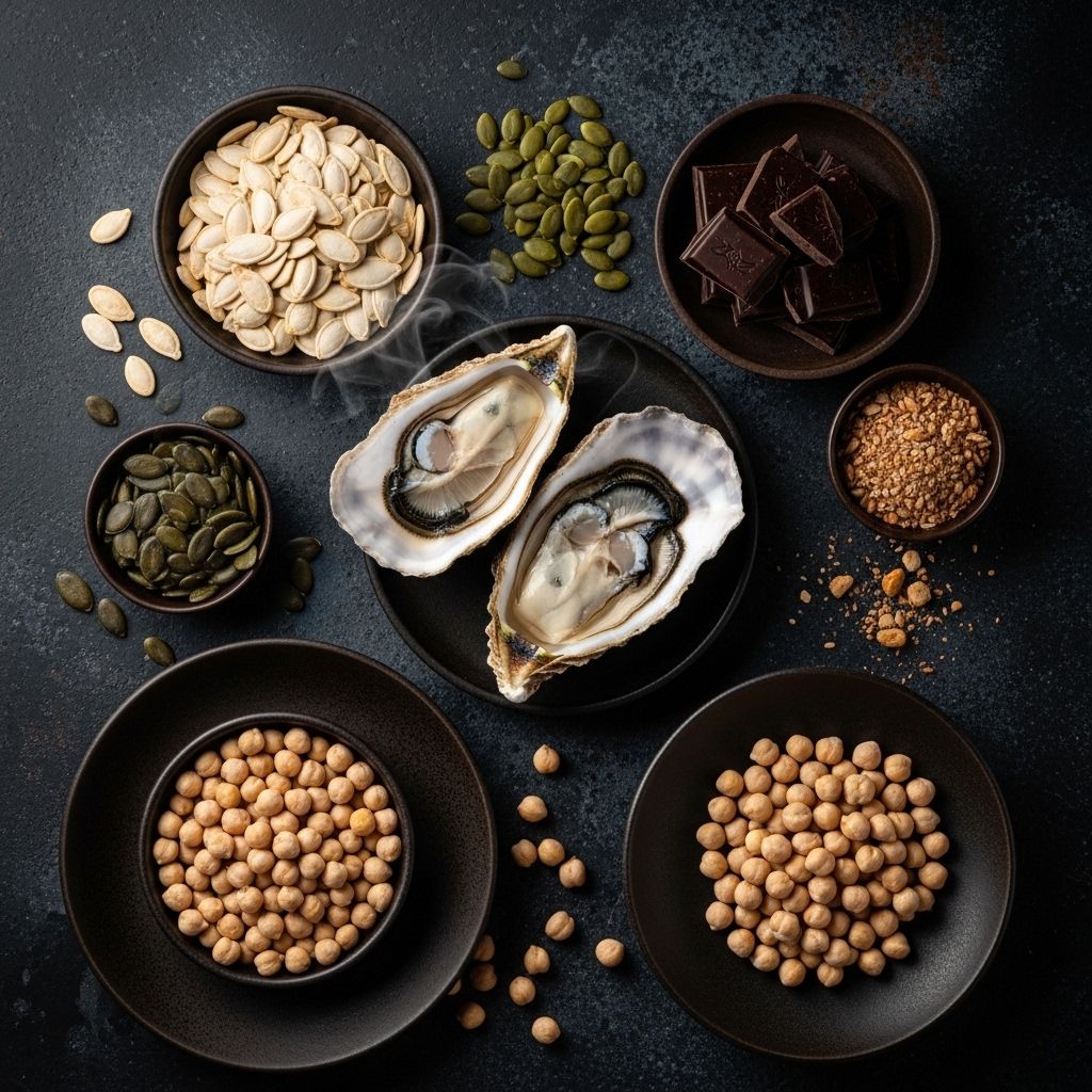 Collection of natural zinc-rich foods including oysters on a half shell, pumpkin seeds, dark chocolate pieces, and chickpeas displayed on a dark textured background with moody lighting