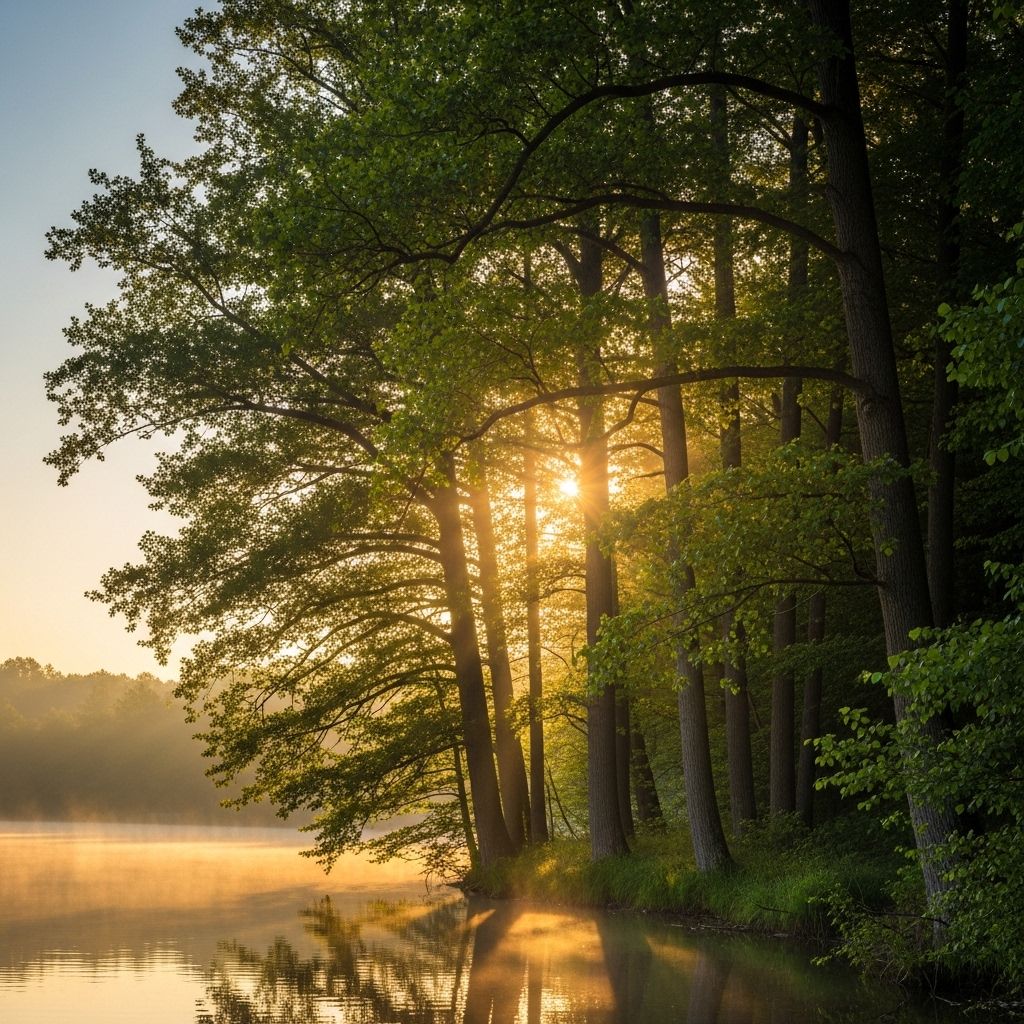 Serene early morning landscape with soft golden light filtering through tall trees near a calm lake, evoking visual clarity and peaceful natural surroundings