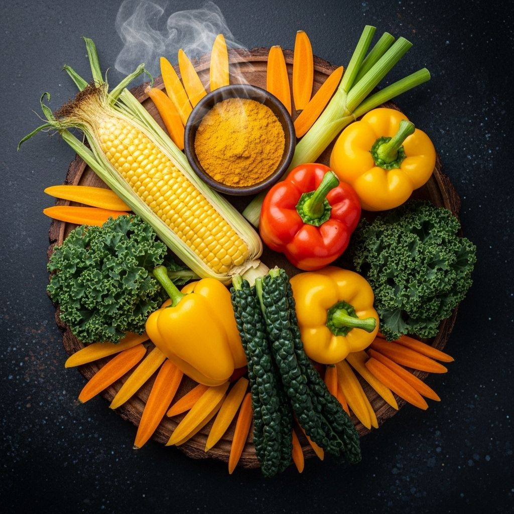 Bright yellow and orange vegetables including corn, bell peppers, and kale arranged on a natural wooden surface, rich in lutein and zeaxanthin pigments
