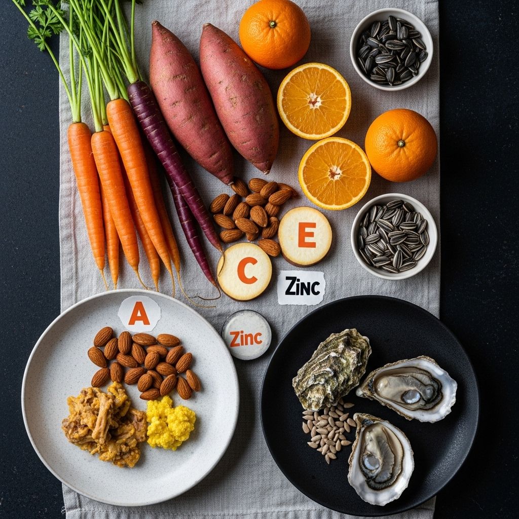Colorful arrangement of carrots, sweet potatoes, citrus fruits, almonds, sunflower seeds, and oysters on a light linen cloth, representing vitamins A, C, E and zinc food sources